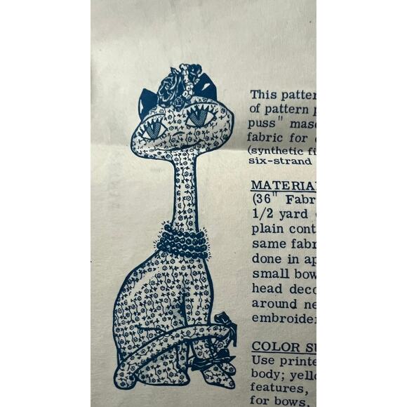 Sewing pattern 804 Long neck Plush cat 1950s 16in tall - Picture 1 of 5